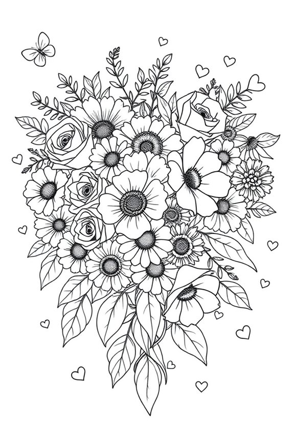 herzförmiger Blumenstrauß Ausmalbild