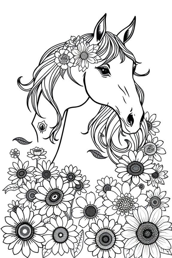 Pferd und Blumen Ausmalbild