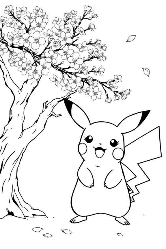 Pikachu Kirschblüten Ausmalbild