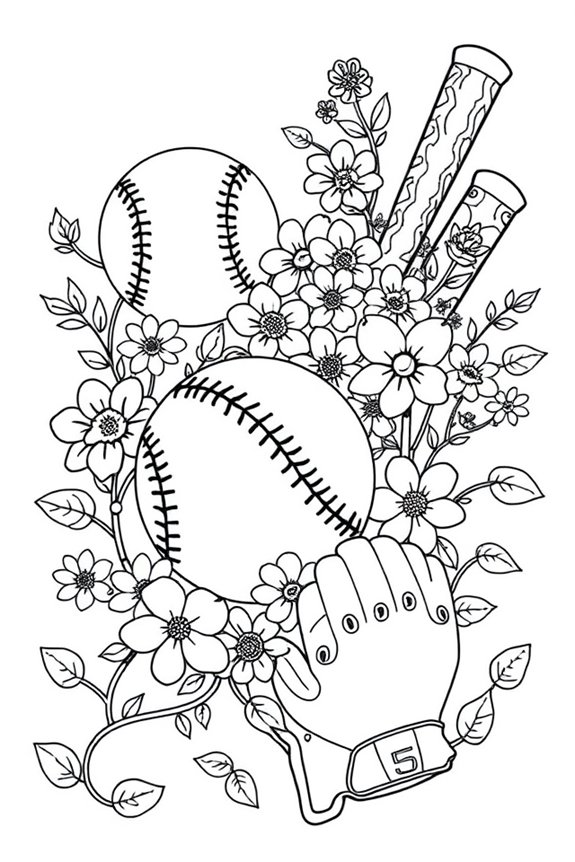 verspieltes Baseball-Blumen-Ausmalbild