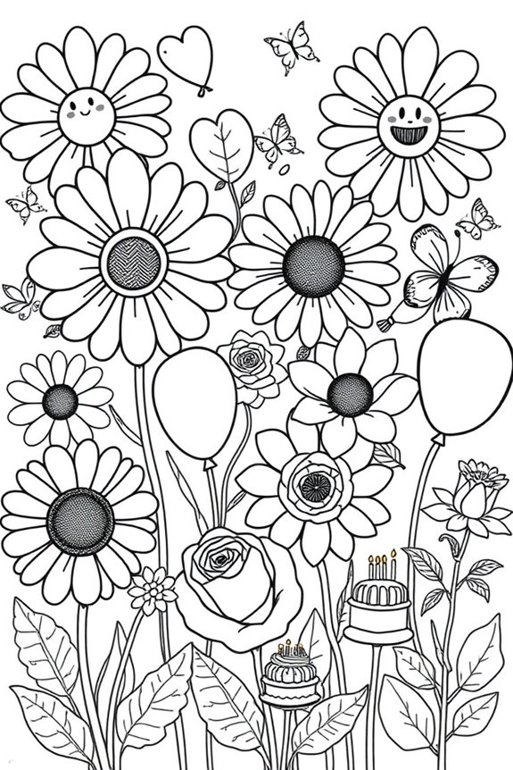 spielerische Geburtstagsblumen zum Ausmalen