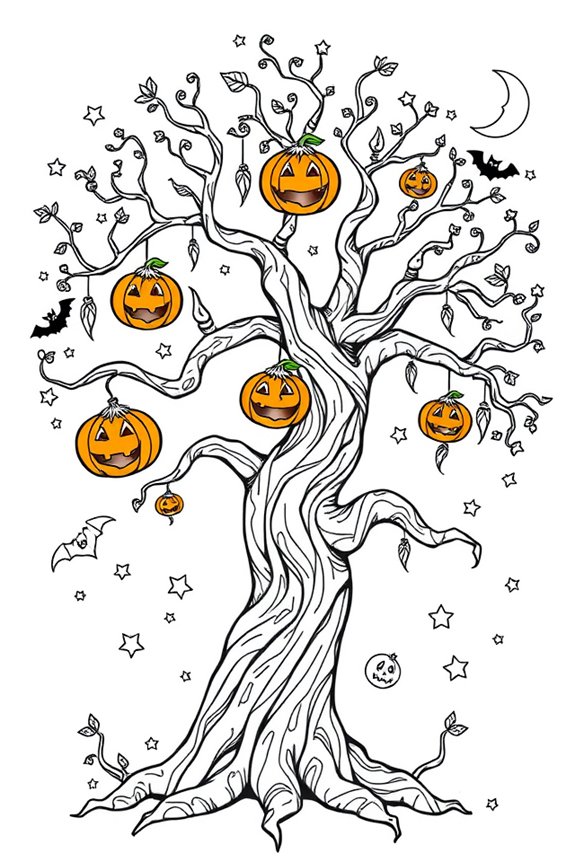 verspielter Halloween-Baum zum Ausmalen