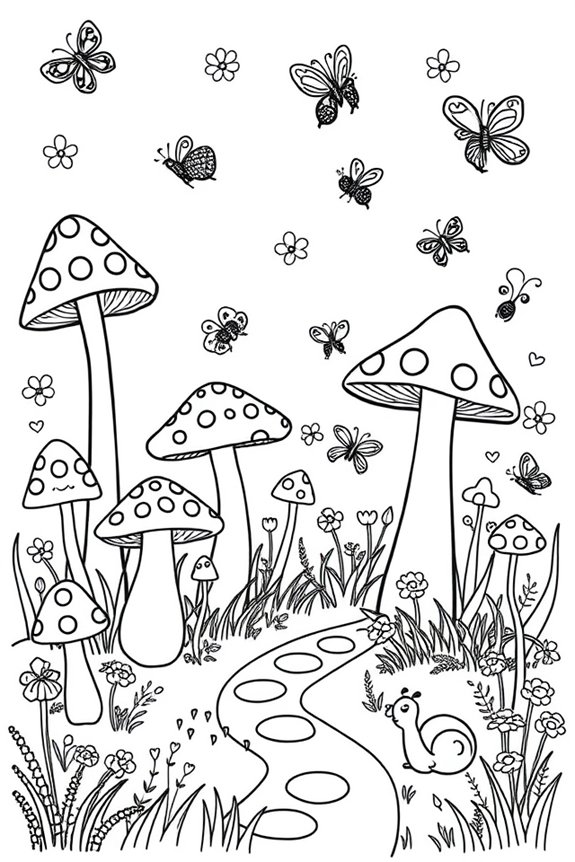 verspielter Pilzgarten Ausmalbild