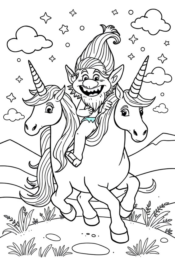 verspielter Troll, der auf einem Einhorn reitet