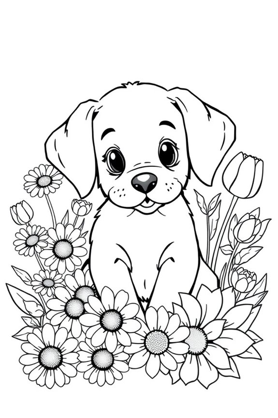 Welpen mit Blumen Ausmalbild
