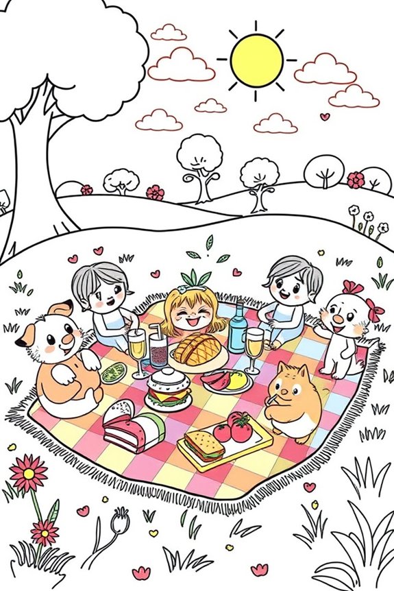 Regenbogenfreunde Picknick Ausmalbild