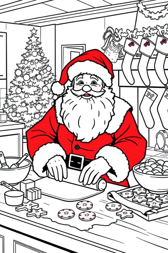 Weihnachtsmann backt Kekse Ausmalbild
