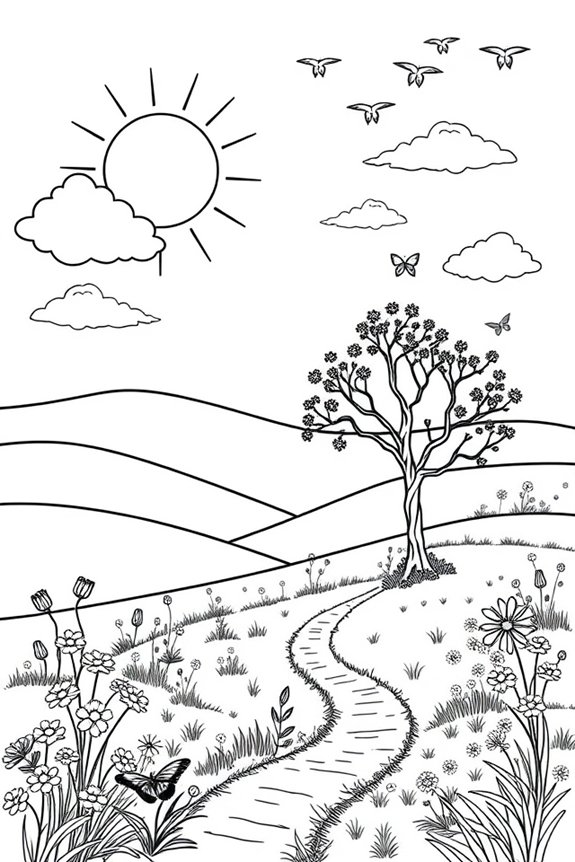 sonnige Landschaft Ausmalbild