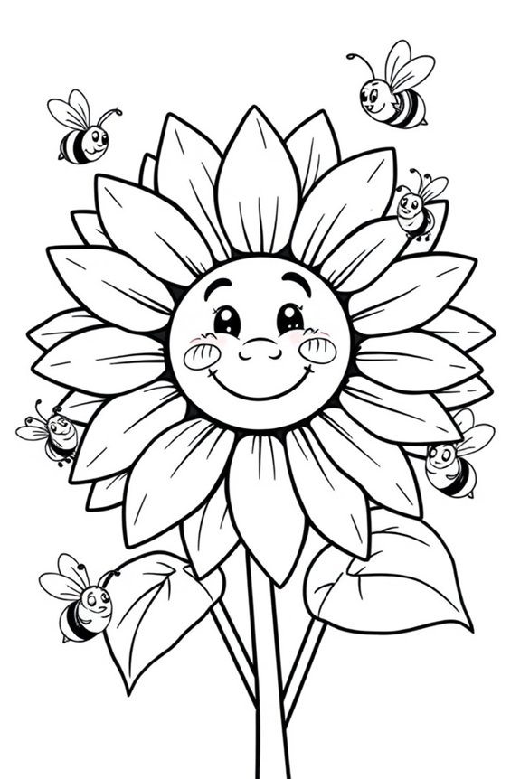 sonnige Sonnenblume und Bienen Ausmalbild
