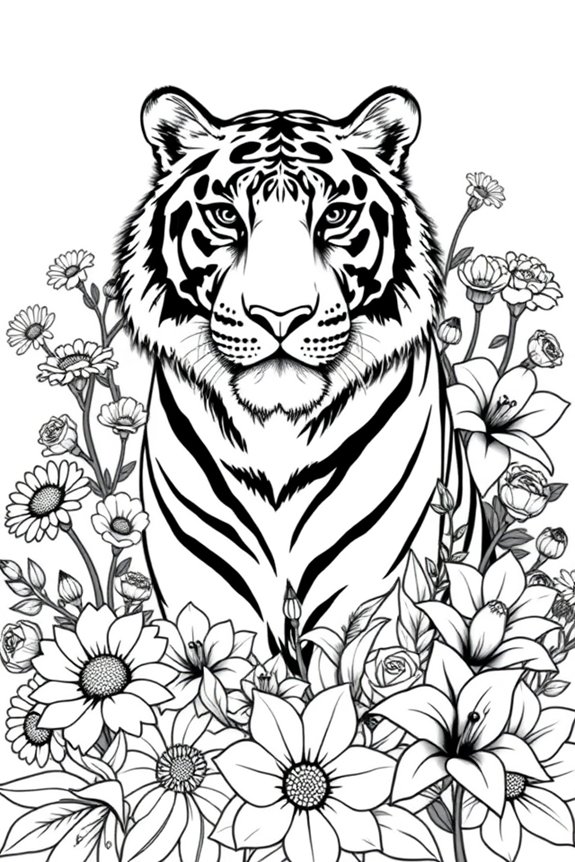 Tiger- und Blumen-Ausmalbild